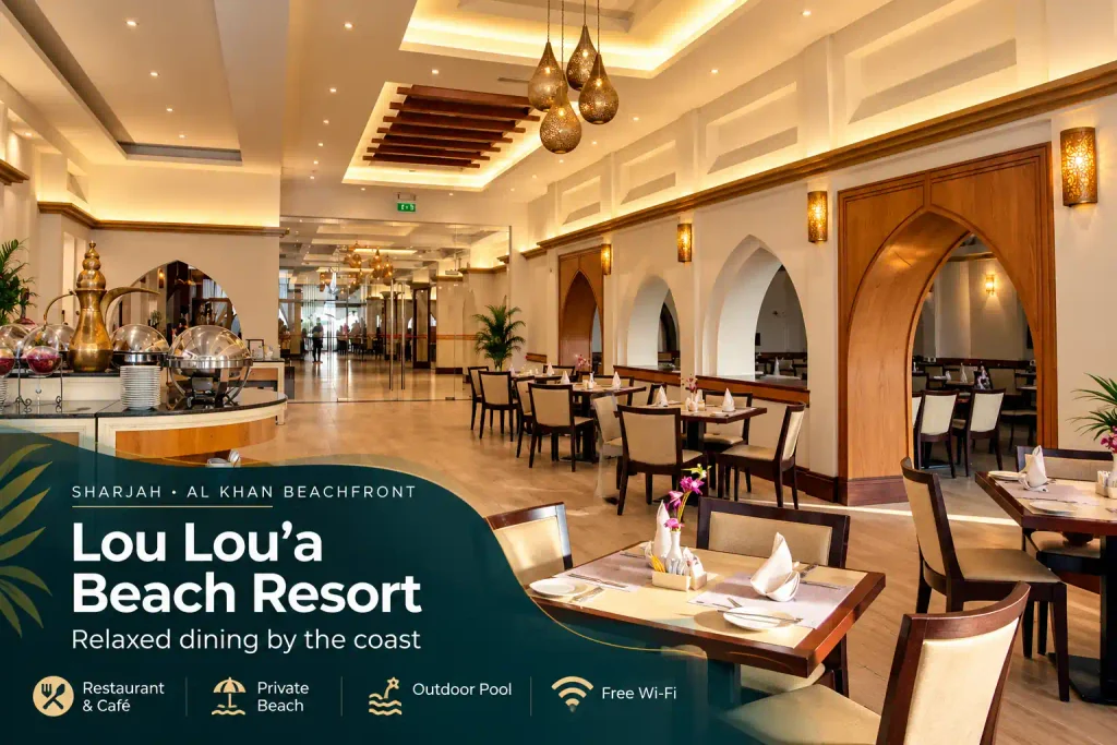 Lou Lou’a Beach Resort restaurant in Sharjah featuring an elegant dining area, buffet counter, wooden tables, decorative lighting and Arabic-style arches.