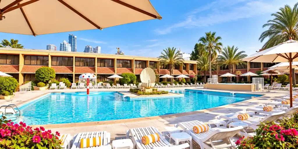 Lou'Lou'a Beach Resort Sharjah swimming pool with sun loungers, parasols, palm trees and a children's water fountain in the resort courtyard.