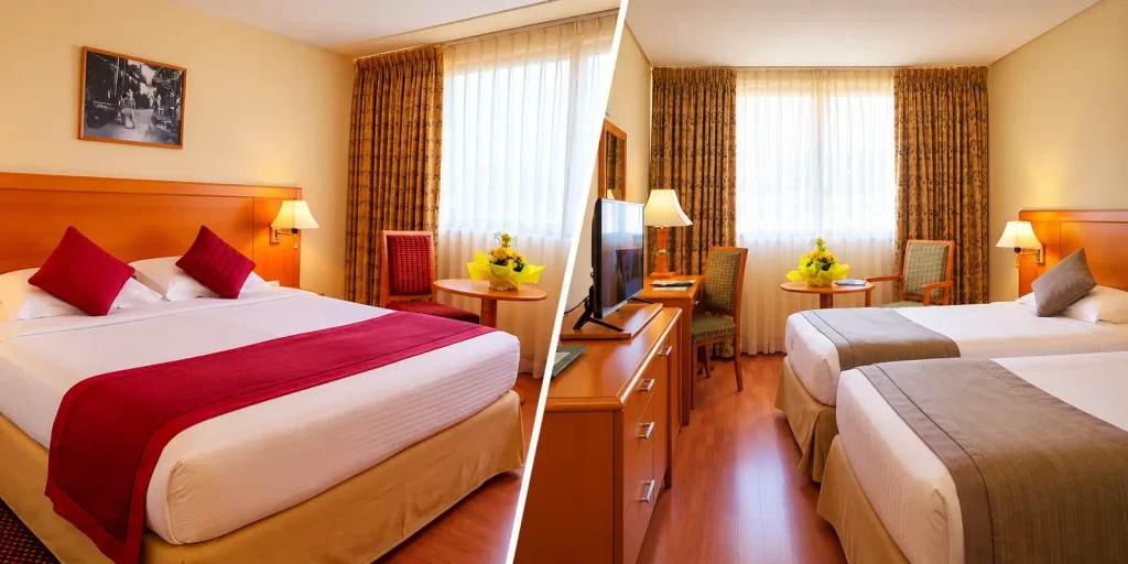 Two room interiors at Lou'Lou'a Beach Resort Sharjah, showing a double bedroom with red bedding accents and a twin room with wooden furnishings and a television.