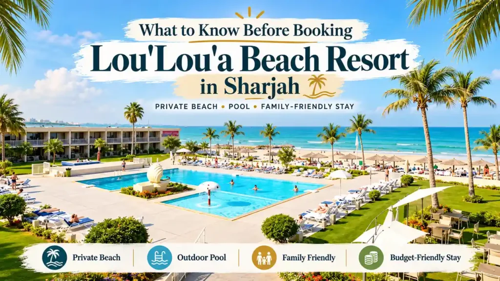 Lou'Lou'a Beach Resort in Sharjah featuring a private sandy beach, outdoor swimming pool, palm trees and family-friendly resort facilities overlooking the Arabian Gulf.