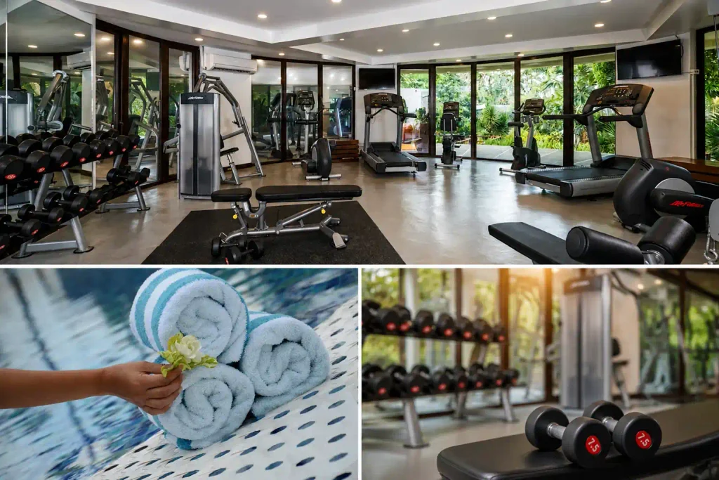 Modern fitness gym and neatly rolled pool towels at Mövenpick Resort Boracay.
