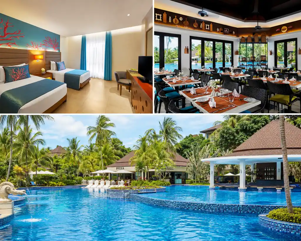 Twin bedroom, restaurant, and swimming pool at Mövenpick Resort Boracay.