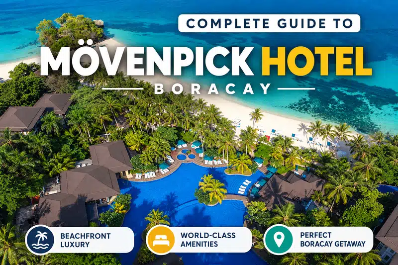 Mövenpick Hotel Boracay aerial view featuring a tropical swimming pool, palm trees, white sandy beach, and turquoise ocean. Copy alt text
