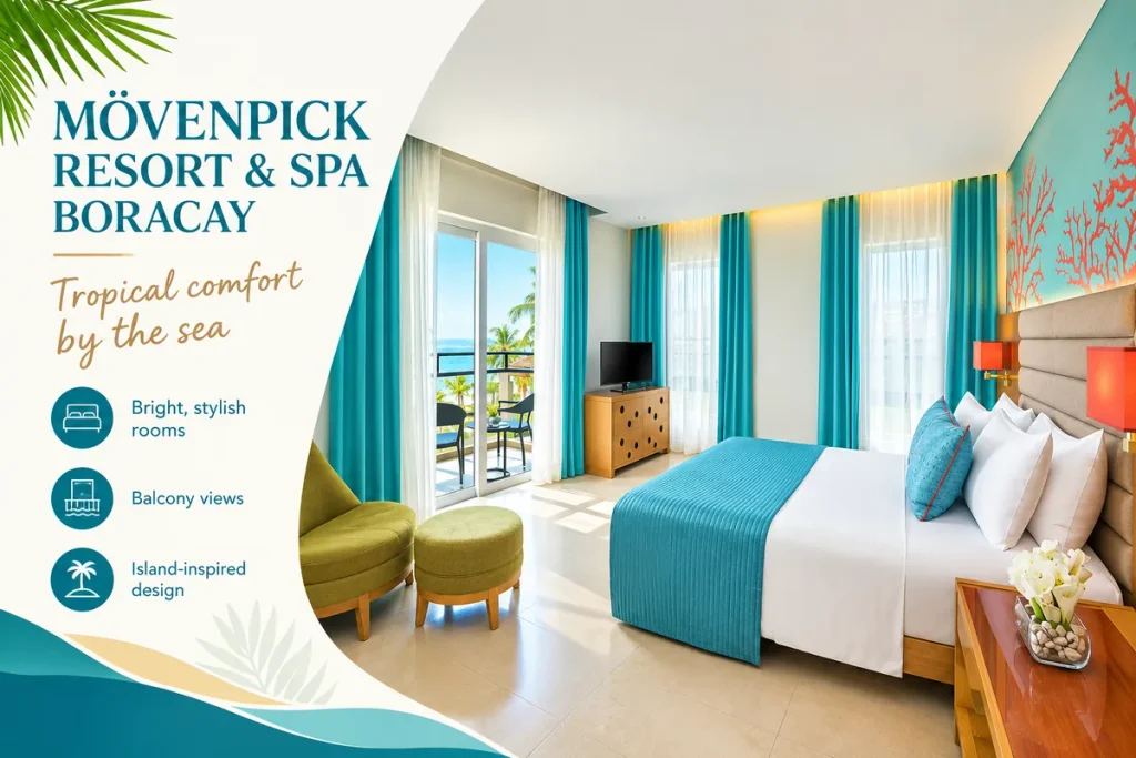 Bright hotel room at Mövenpick Resort & Spa Boracay with turquoise curtains, a comfortable bed, and balcony views