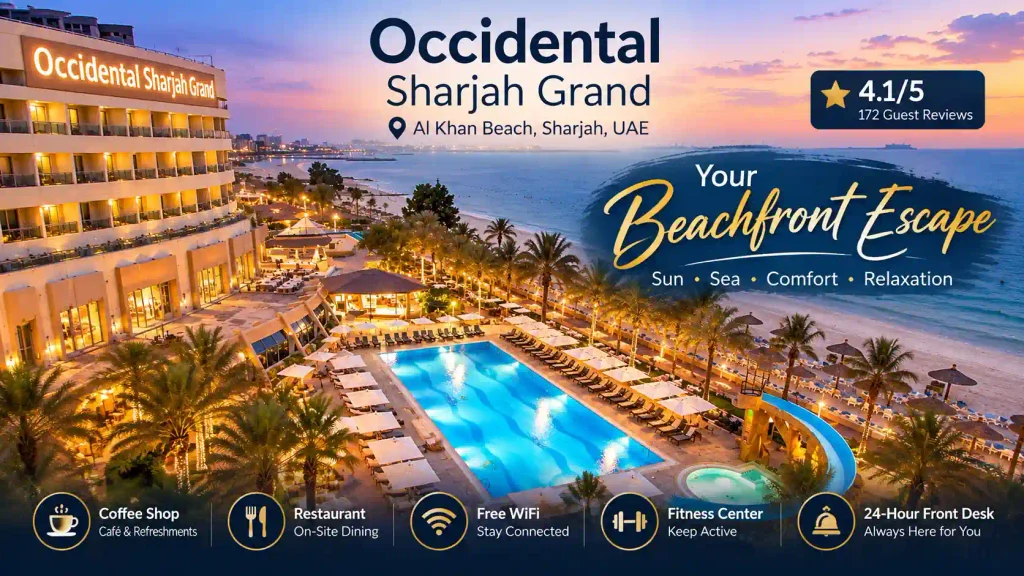 Occidental Sharjah Grand beachfront resort in Sharjah at sunset, featuring a large illuminated swimming pool, palm trees, beach access, sea views, dining, free WiFi, fitness center, and 24-hour front desk.
