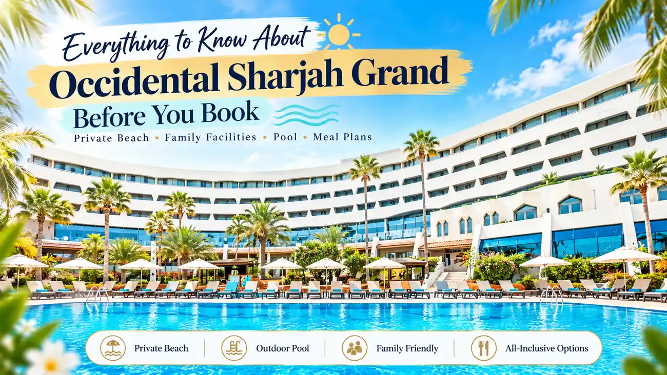 Occidental Sharjah Grand hotel in Sharjah featuring an outdoor swimming pool, palm trees and resort building, with a guide to private beach access, family facilities and booking options.