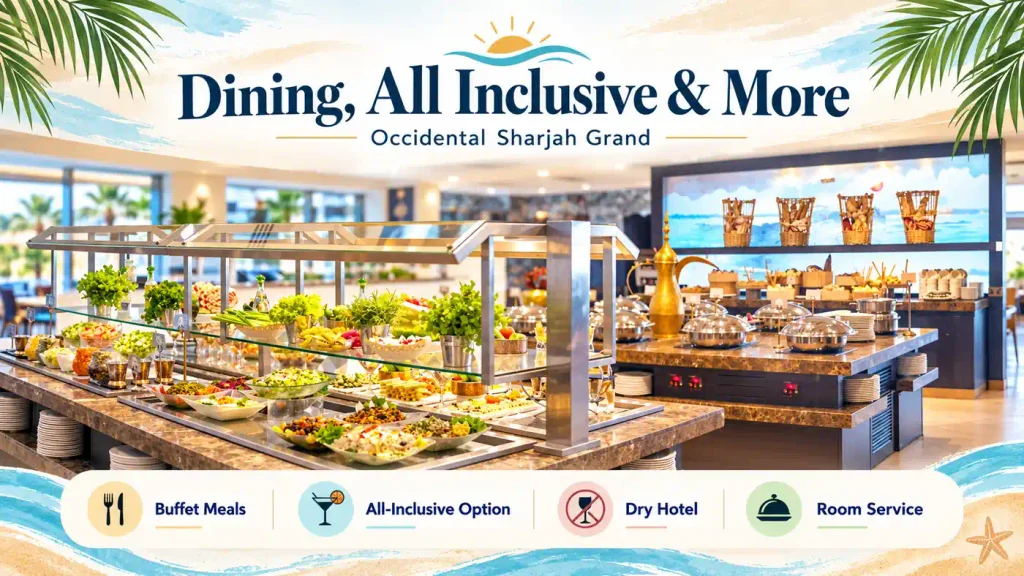 Occidental Sharjah Grand restaurant buffet featuring fresh salads, international dishes and hot food stations, highlighting all-inclusive dining, room service and alcohol-free facilities.