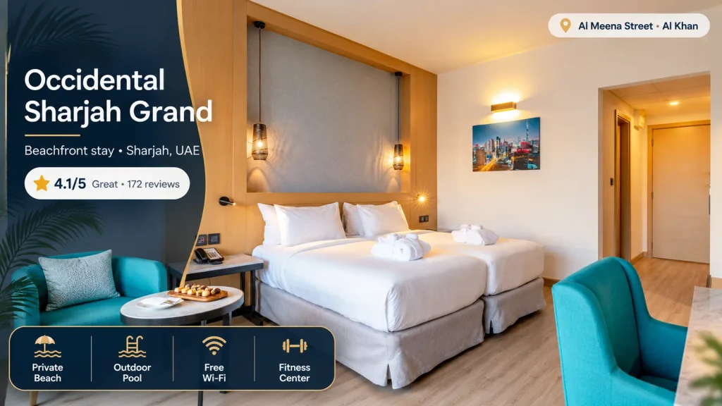 Occidental Sharjah Grand hotel room with twin beds, modern furnishings and teal chairs, highlighting its 4.1/5 Klook guest rating and beachfront facilities.