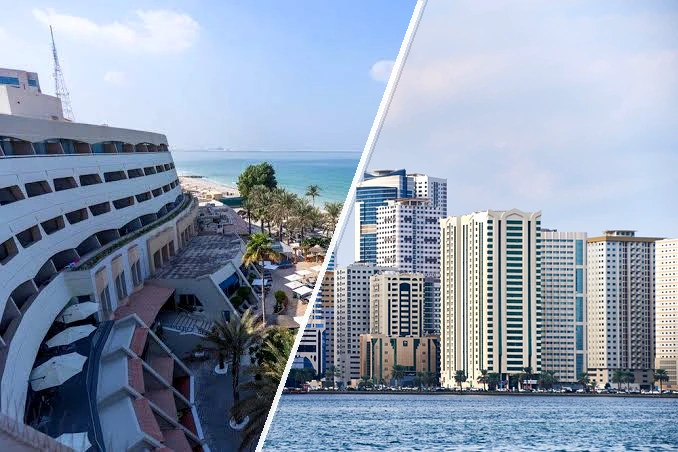 Occidental Sharjah Grand vs Corniche Hotel Sharjah, comparing a beachfront resort and Sharjah city skyline.