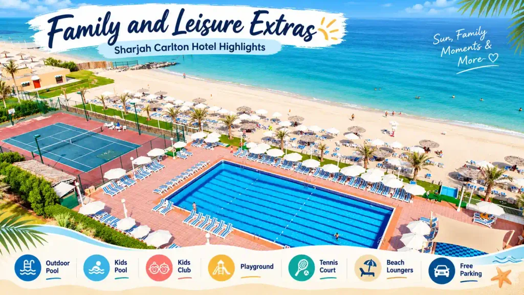 Sharjah Carlton Hotel family and leisure facilities featuring an outdoor swimming pool, tennis court, private sandy beach, sun loungers and beach umbrellas in Sharjah, UAE.