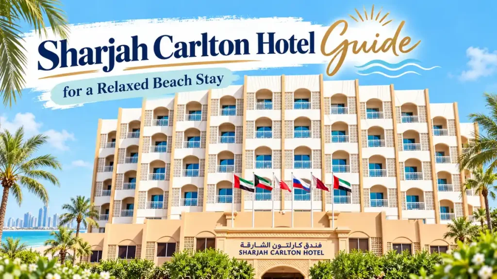 Sharjah Carlton Hotel in Sharjah UAE featuring its beachfront hotel building with balconies and palm trees, a guide to a relaxing beach stay near Al Khan Beach.