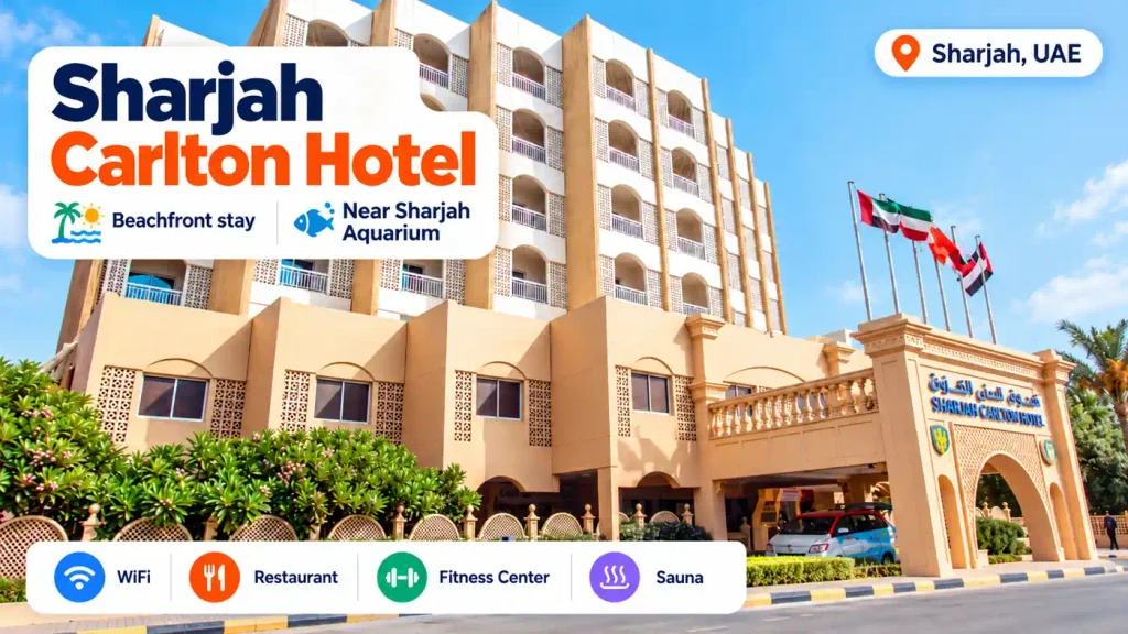 Sharjah Carlton Hotel beachfront accommodation in Sharjah, UAE, showing the hotel exterior with WiFi, restaurant, fitness center and sauna facilities.