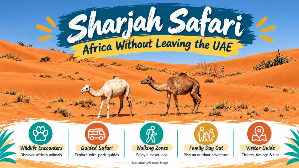 Two camels on orange UAE desert dunes, with a Sharjah Safari heading and five visitor highlights.