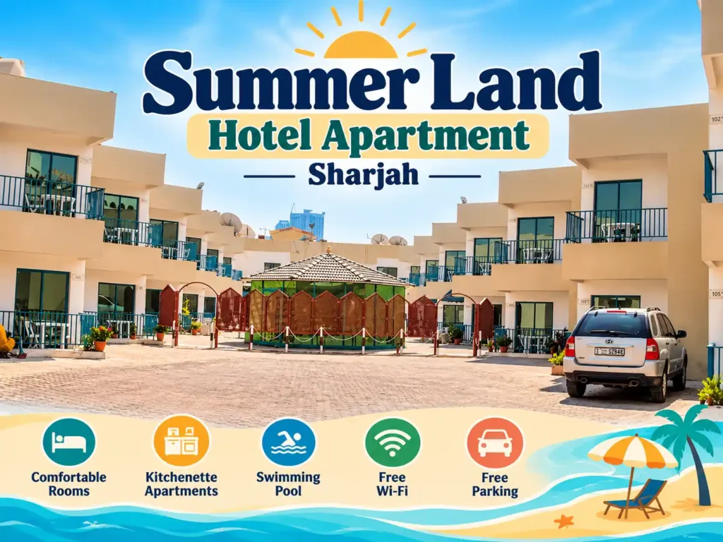 Summer Land Hotel Apartment in Sharjah featuring apartment-style accommodation with balconies, a central courtyard and on-site parking near Al Khan Beach.