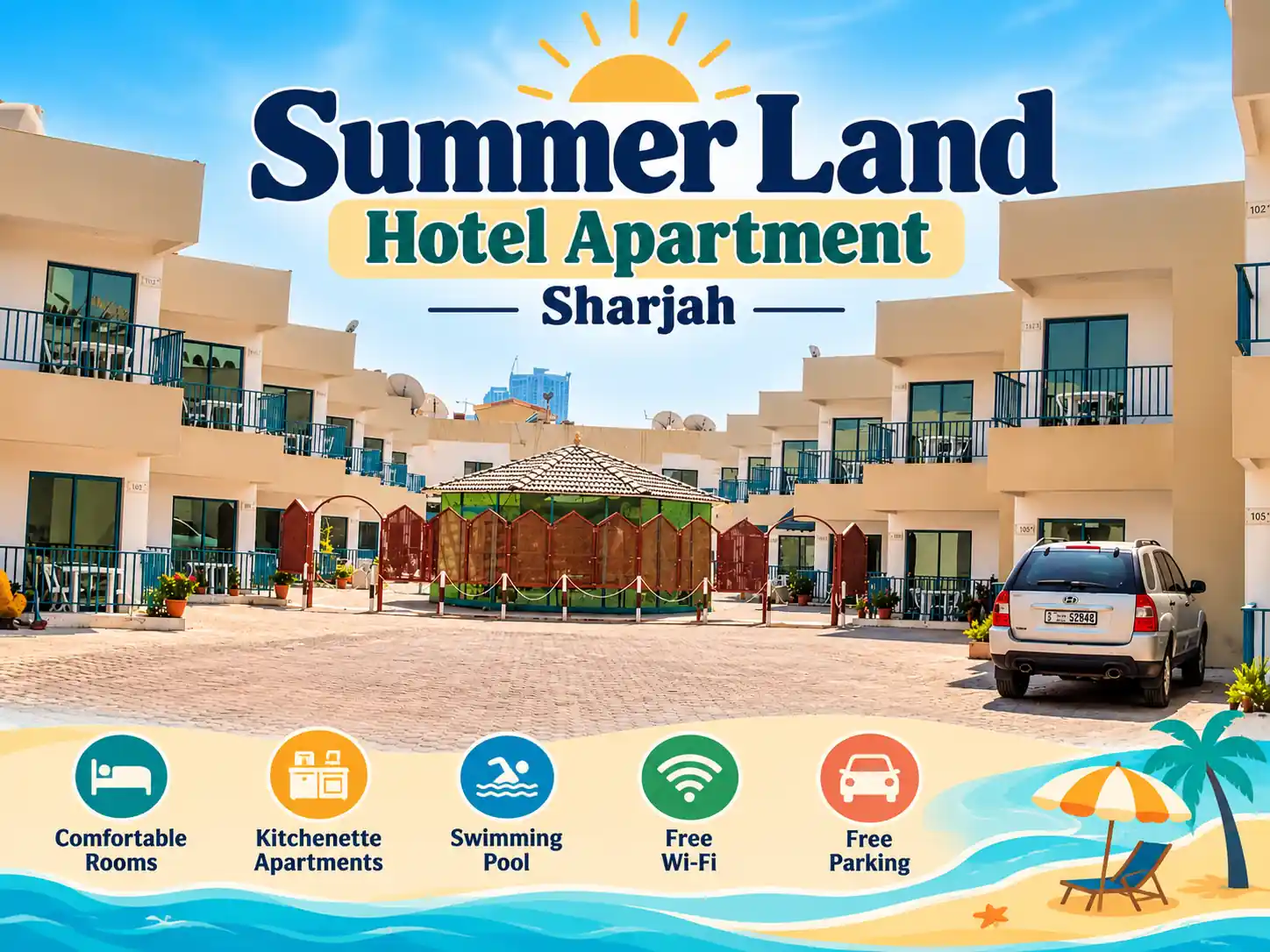 Summer Land Hotel Apartment in Sharjah featuring apartment-style accommodation with balconies, a central courtyard and on-site parking near Al Khan Beach.