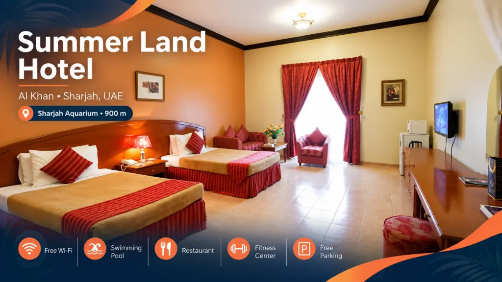Summer Land Hotel Sharjah twin-bed guest room in Al Khan with red curtains, wooden furniture and hotel facilities highlighted.